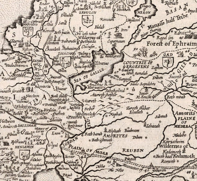 Mapa antiguo de Canaán, Israel, en 1627 por John Speed ​​- Jerusalén, Levant, Palestina, Middle East - Moses & Bible Tabla