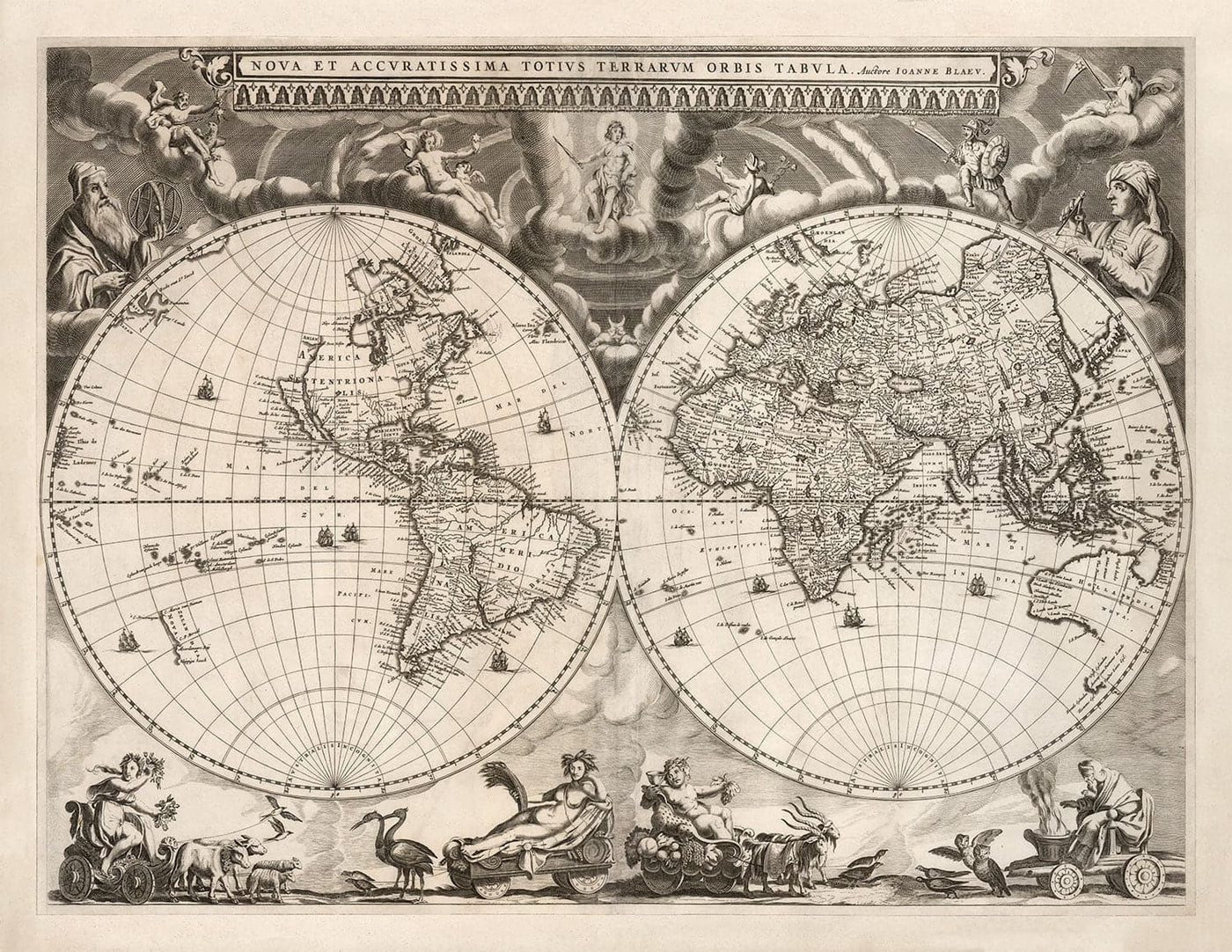 Alte Weltatlas-Karte, 1662 von Joan Blaeu - Seltene monochrome Wandkunst