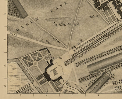 Ancienne carte de Londres, 1746 par John Rocque - B2 - Buckingham Palace, Soho, Westminster, Mayfair, Piccadilly, Green Park, Régents Street