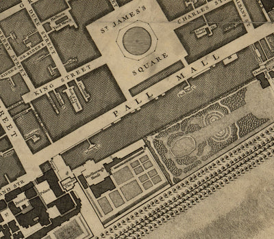 Ancienne carte de Londres, 1746 par John Rocque - B2 - Buckingham Palace, Soho, Westminster, Mayfair, Piccadilly, Green Park, Régents Street