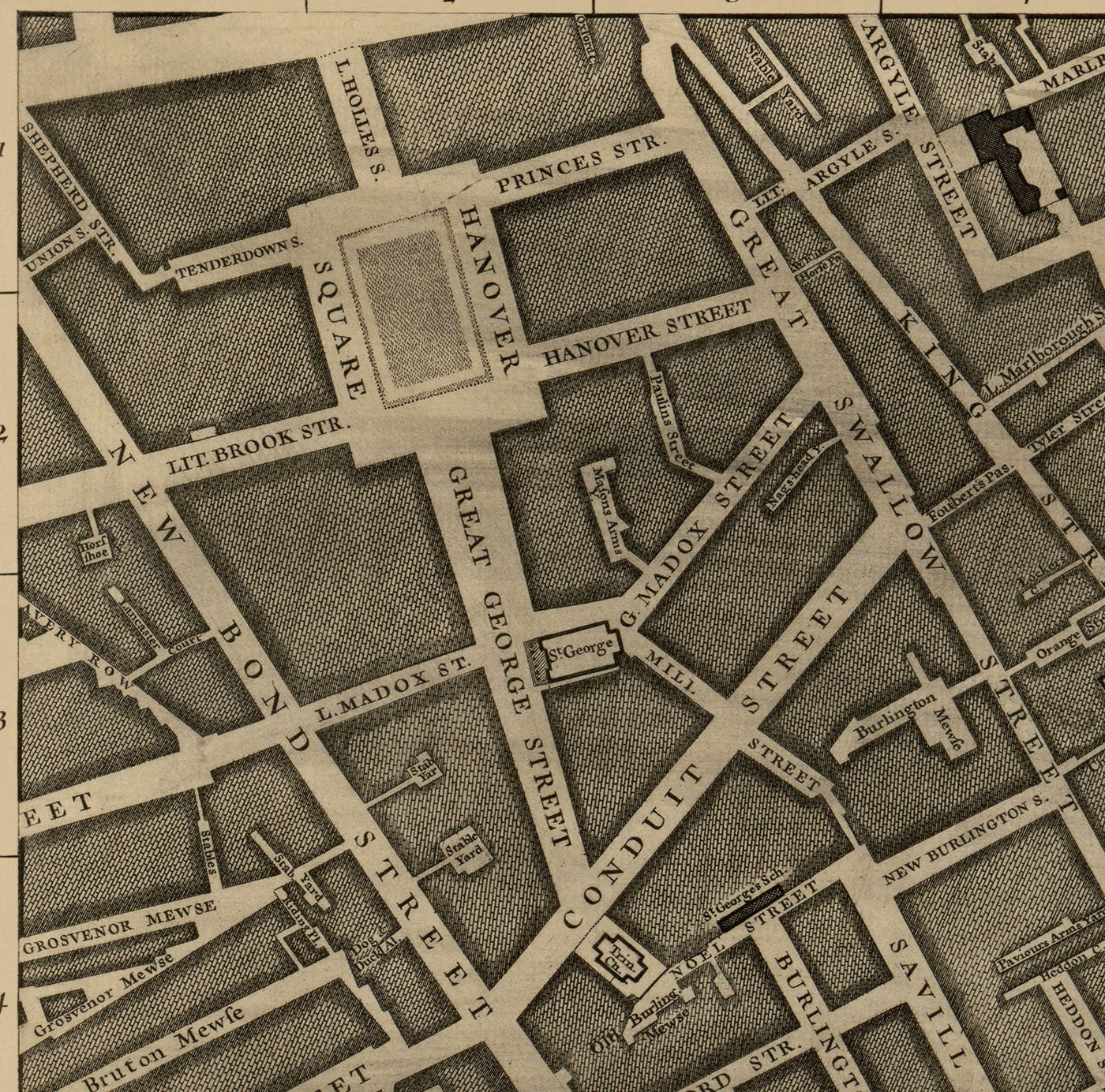 Viejo mapa de Londres, 1746 de John Rocque - B2 - Buckingham Palace, Soho, Westminster, Mayfair, Piccadilly, Green Park, Regents Street