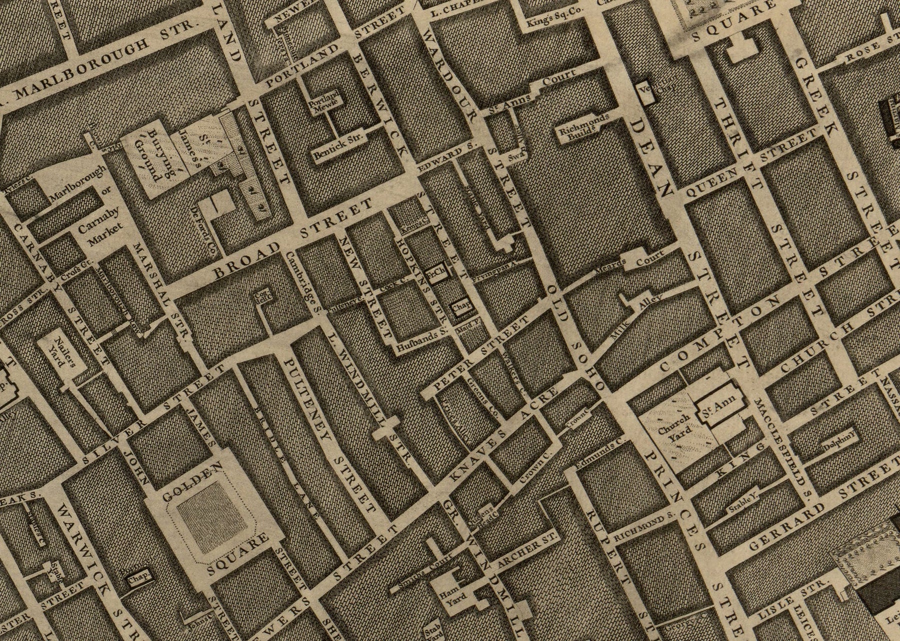 Old Map of London, 1746 by John Rocque - B2 - Buckingham Palace, Soho ...