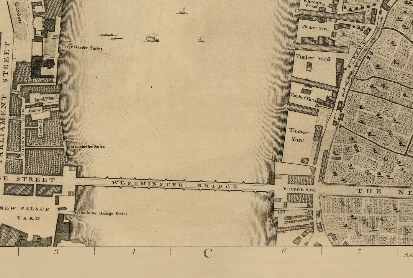 Ancienne carte de Londres, 1746 par John Rocque - C2 - Somerset House Covent Jardin Seven Cadre Waterloo, Charring Cross, Westminster Lambeth