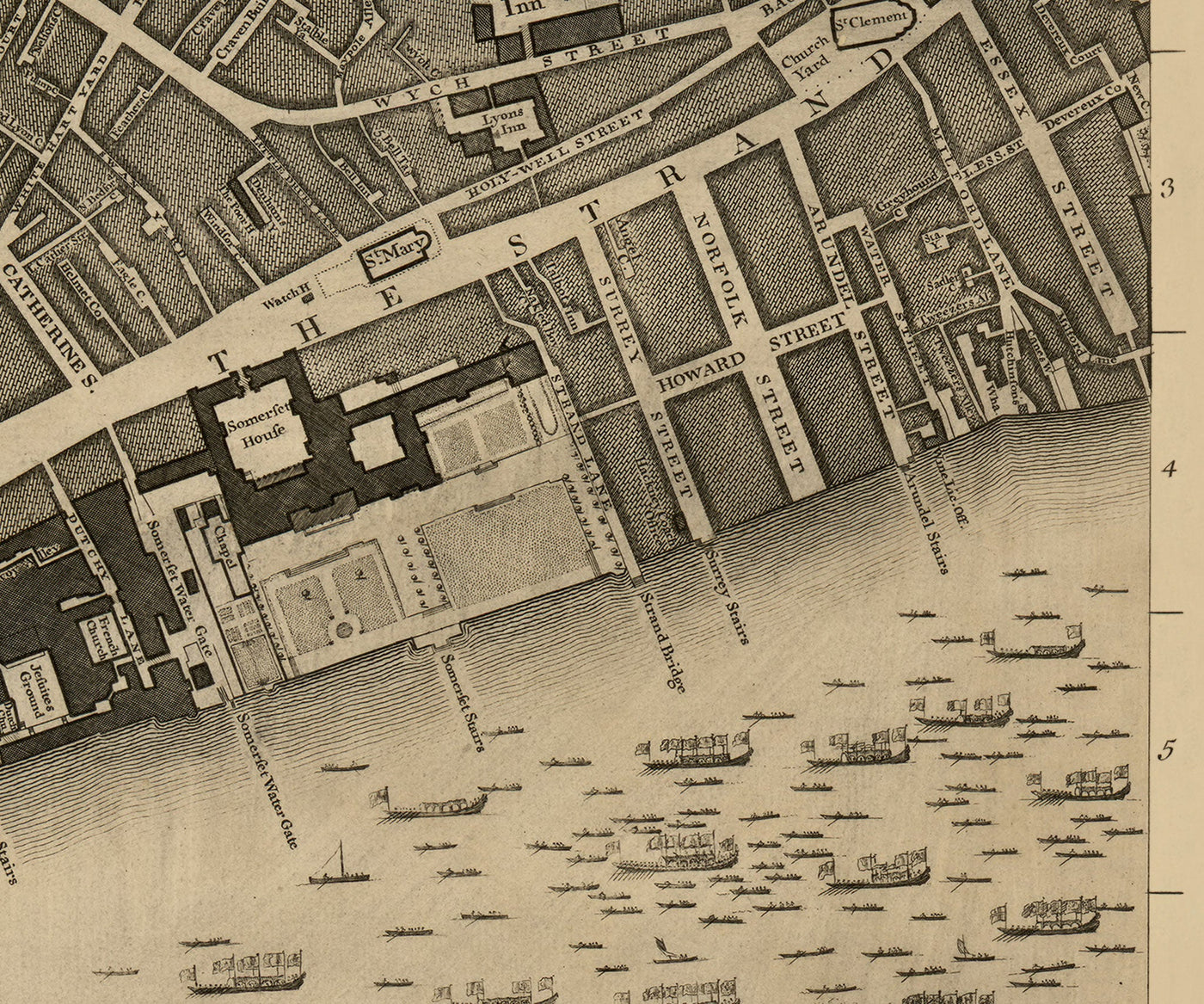 Ancienne carte de Londres, 1746 par John Rocque - C2 - Somerset House Covent Jardin Seven Cadre Waterloo, Charring Cross, Westminster Lambeth