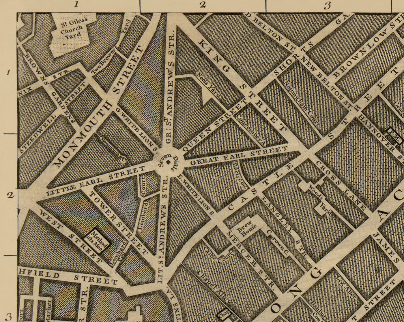 Alte Karte von London, 1746 von John Rocque - C2 - Somerset House Covent Garden Seven Wählt Waterloo, Charring Cross, Westminster Lambeth