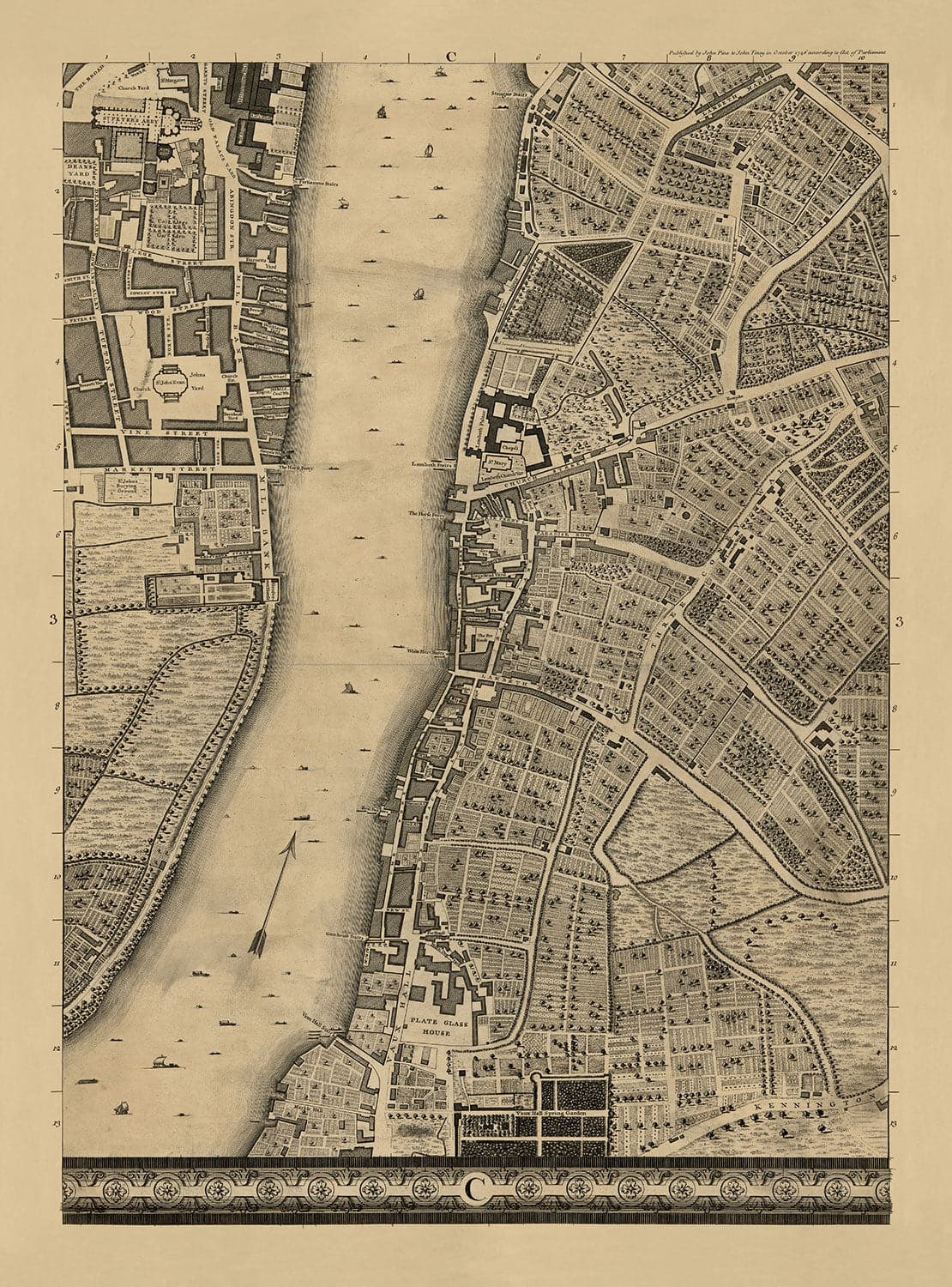 Mapa antiguo de Londres, 1746 por John Rocque, C3 - Lambeth, Vauxhall, Westminster, Parlamento, Millbank, Kennington, Marismas