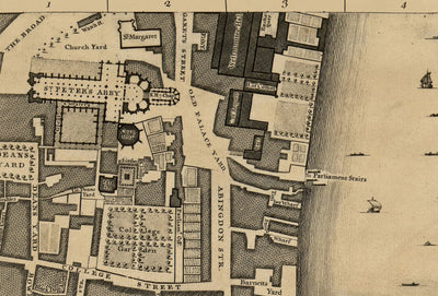 Ancienne carte de Londres, 1746 par John Rocque, C3 - Lambeth, Vauxhall, Westminster, Parlement, Millbank, Kennington, Marais