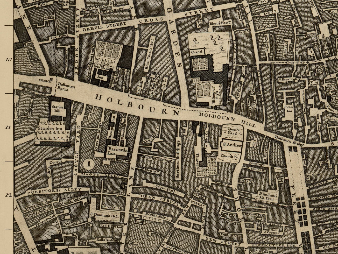 Alte Karte von London, 1746 von John Rocque, D1 - Holborn, Clerknwell, Farringdon, Barbican, Westminster, Stadt London, Smithfield Market