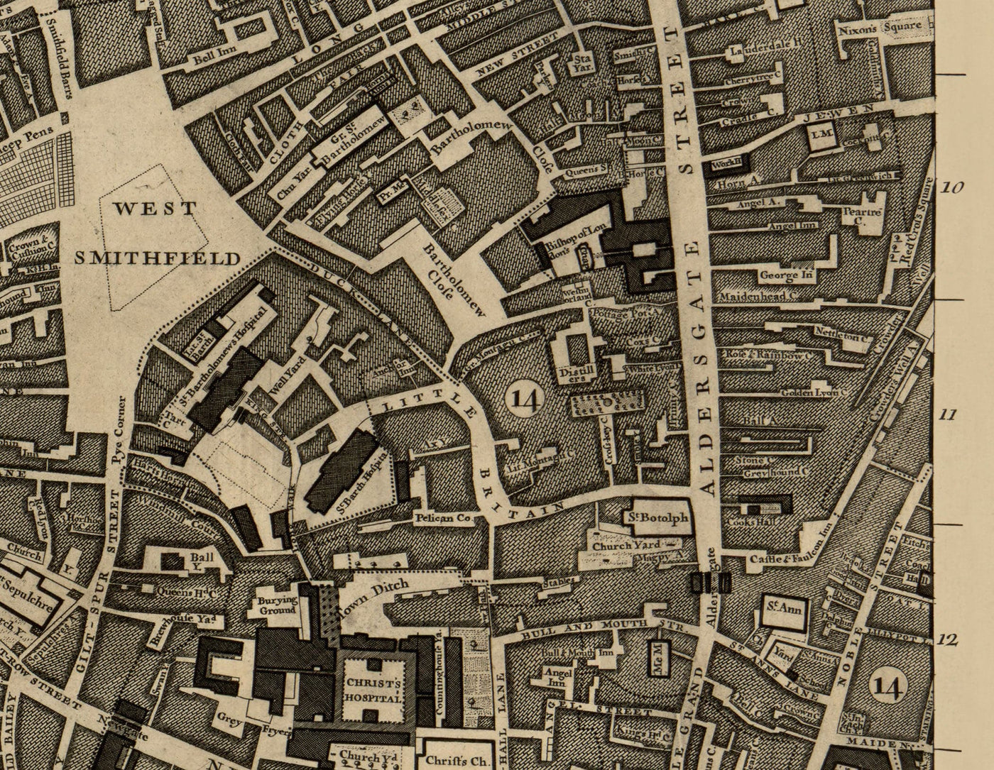 Ancienne carte de Londres, 1746 par John Rocque, D1 - Holborn, Clerkenwell, Farringdon, Barbican, Westminster, Ville de Londres, Marché Smithfield