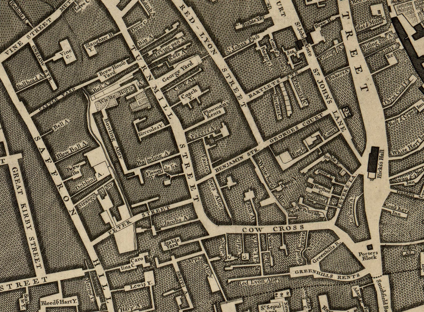 Ancienne carte de Londres, 1746 par John Rocque, D1 - Holborn, Clerkenwell, Farringdon, Barbican, Westminster, Ville de Londres, Marché Smithfield