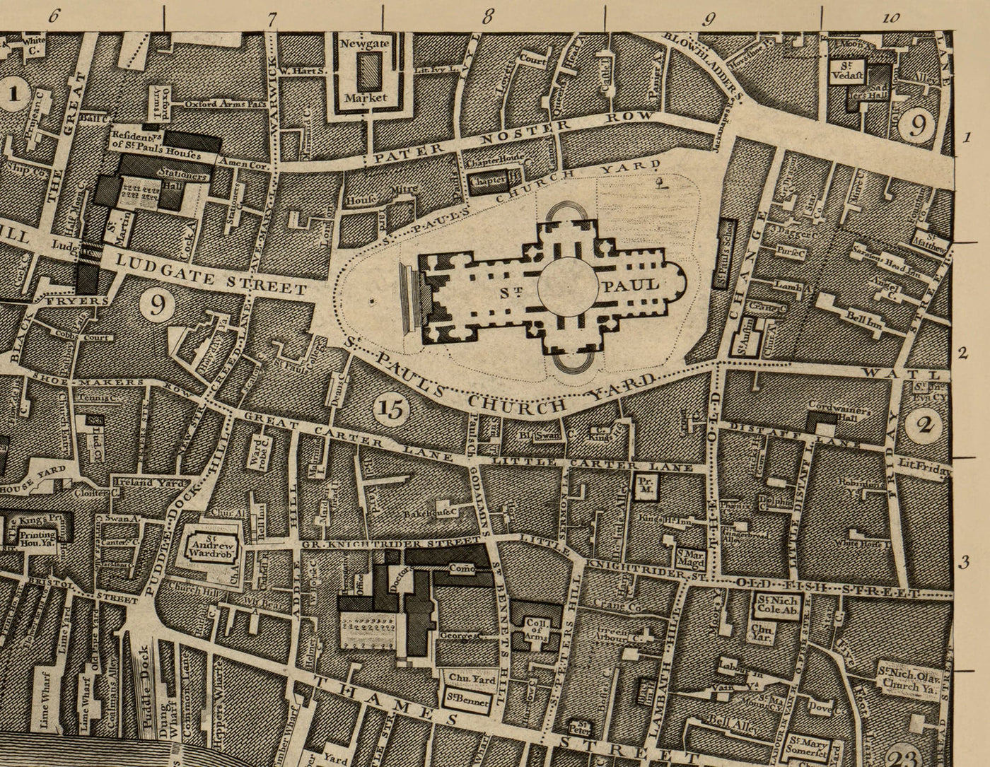 Ancienne carte de Londres, 1746 par John Rocque - D2 - Cathédrale Saint-Pauls, Blackfriars, Southbank, Banksive ,. Street Fleet, Temple, Upper Terrain