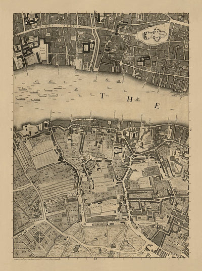 Mapa antiguo de Londres, 1746 por John Rocque - D2 - Catedral de St Pauls, Blackfriars, Southbank, Bankside,. Fleet Street, Temple, Terreno superior