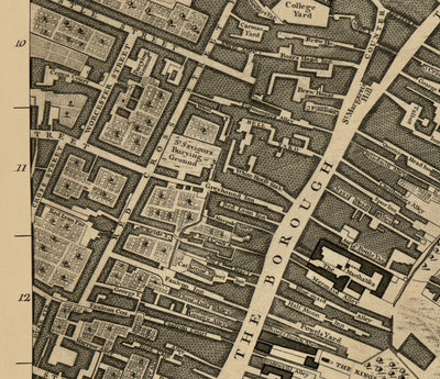 Ancienne carte de Londres, 1746 par John Rocque, E2 - London Bridge, Ville de Londres, Borough, Bermondsey, Monument, Cannon, Banque