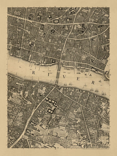 Viejo mapa de Londres, 1746 por John Rocque, E2 - Puente de Londres, Ciudad de Londres, Borough, Bermondsey, Monumento, Cannon, Banco, Barato