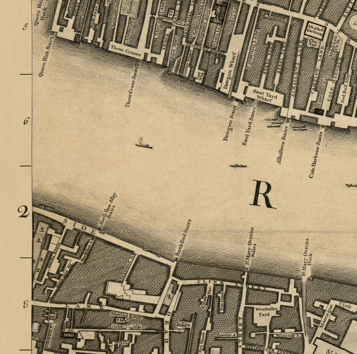 Ancienne carte de Londres, 1746 par John Rocque, E2 - London Bridge, Ville de Londres, Borough, Bermondsey, Monument, Cannon, Banque
