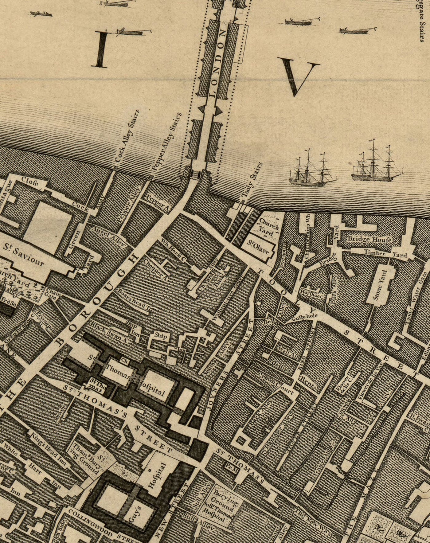 Old Map of London, 1746 by John Rocque, E2 - London Bridge, City of Lo ...