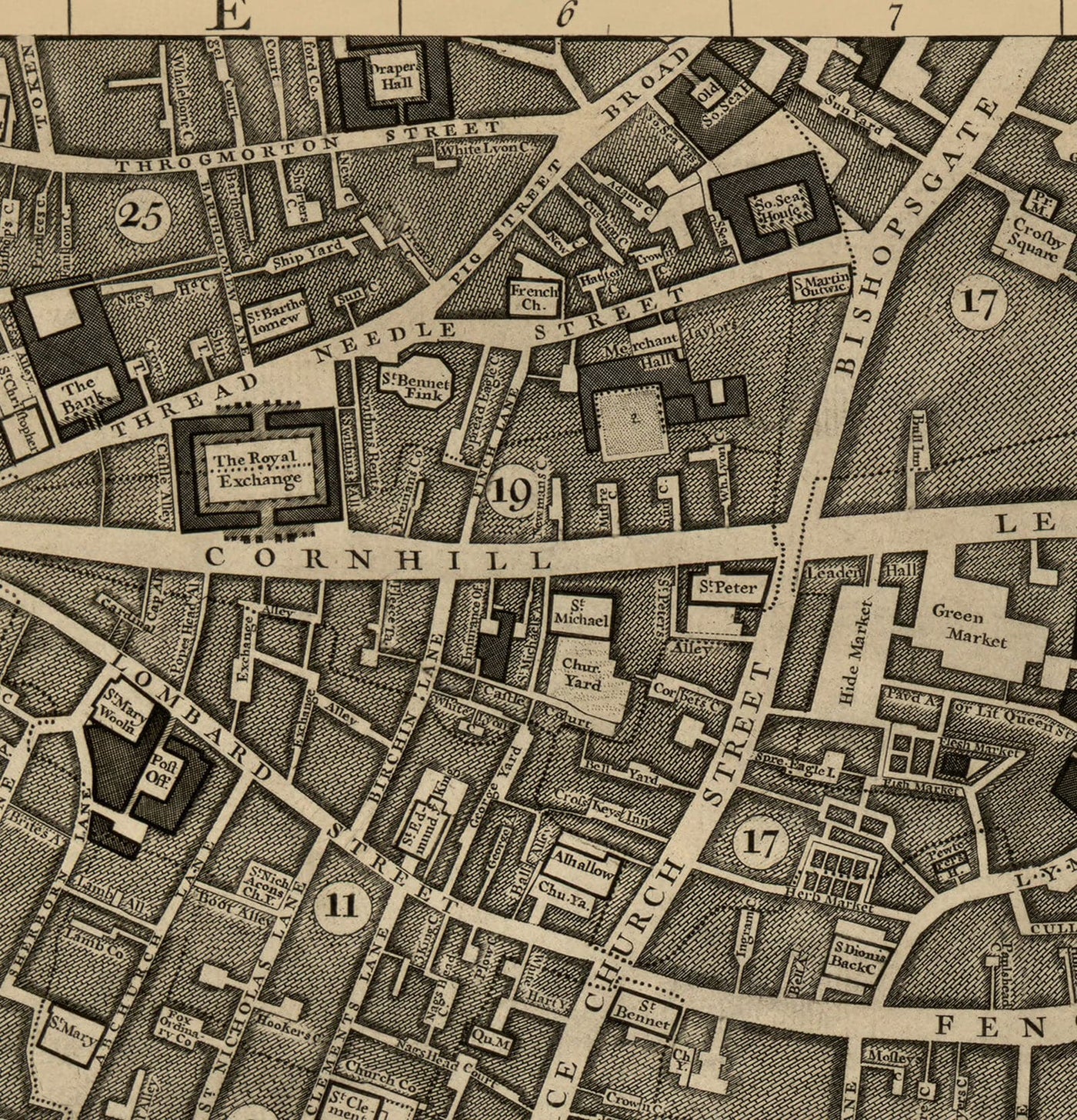 Viejo mapa de Londres, 1746 por John Rocque, E2 - Puente de Londres, Ciudad de Londres, Borough, Bermondsey, Monumento, Cannon, Banco, Barato