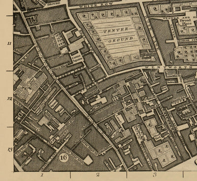 Alte Karte von London 1746 von John Rocque - F1 - Shoreditch, Spitalfields, Backsteingasse, Whitechapel, East London, Hackney, Turmwinzer, E1