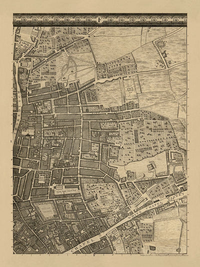 Mapa antiguo de Londres 1746 por John Rocque - F1 - Shoreditch, Spitalfields, Lick Lane, Whitechapel, East London, Hackney, Tower Hamlets, E1