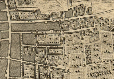 Ancienne carte de Londres 1746 par John Rocque - F1 - Shoreditch, Spitalfields, Brick Lane, Whitechapel, East London, Hackney, Tower Hamlets, E1