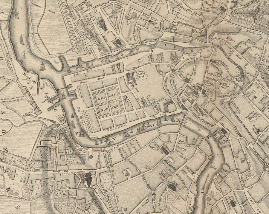 Antica mappa di Bristol nel 1750 di John Rocque - Clifton, Kingsdown, Redcliffe, mappa della città della cattedrale 