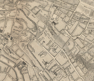 Antiguo mapa de Bristol en 1750 por John Rocque - Carta de Clifton, Kingsdown, Redcliffe, Cathedral City