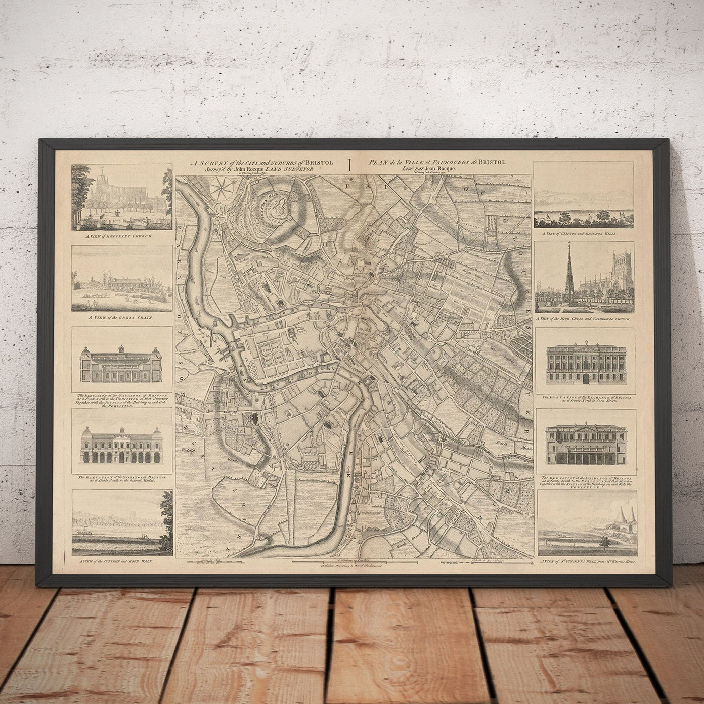 Alte Karte von Bristol im Jahr 1750 von John Rocque - Clifton, Kingsdown, Redcliffe, Cathedral City Chart