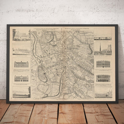 Ancienne carte de Bristol en 1750 par John Rocque - carte de Clifton, Kingsdown, Redcliffe, Cathedral City