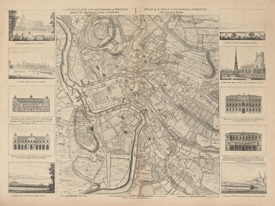 Antica mappa di Bristol nel 1750 di John Rocque - Clifton, Kingsdown, Redcliffe, mappa della città della cattedrale 