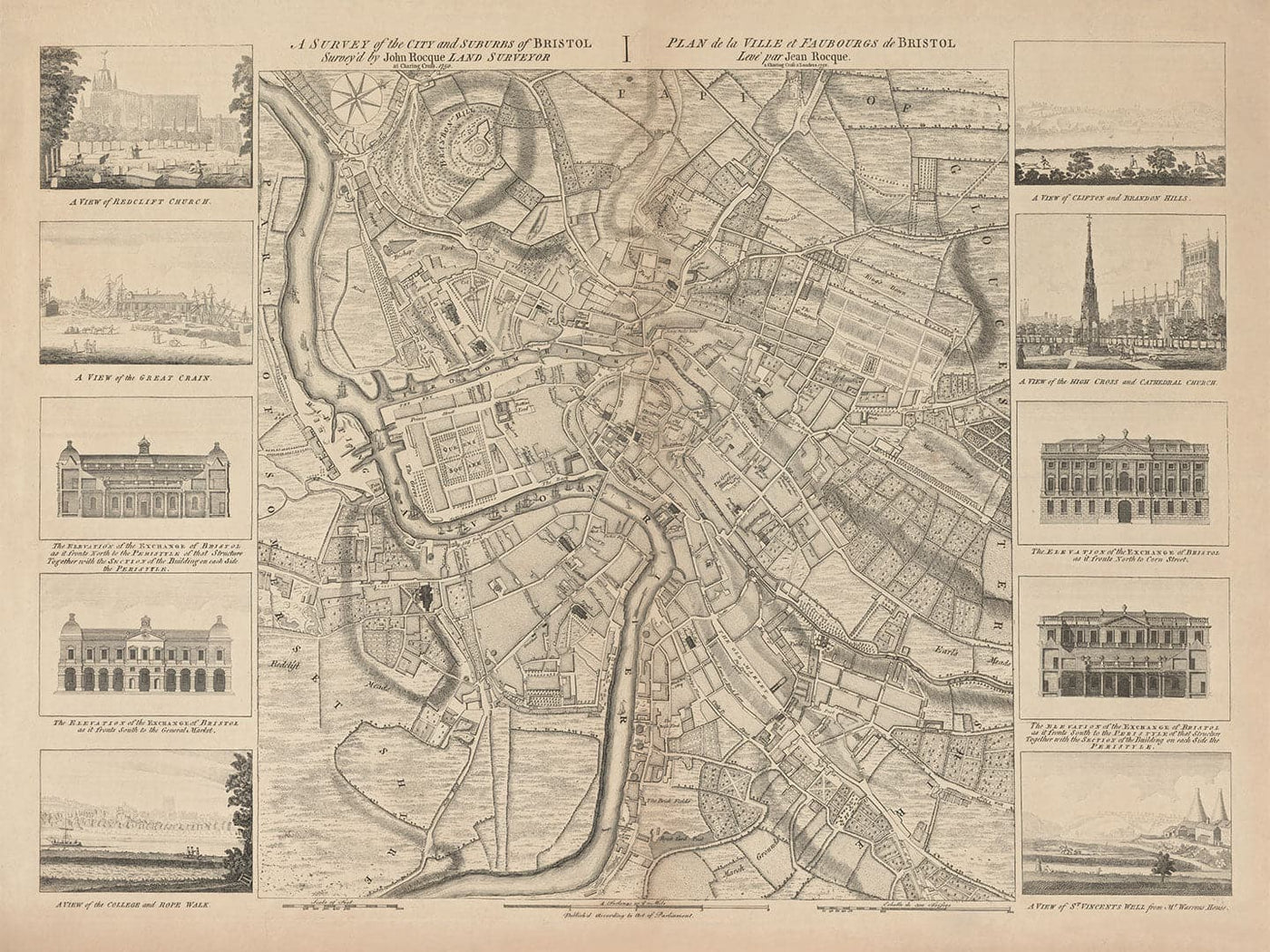 Alte Karte von Bristol im Jahr 1750 von John Rocque - Clifton, Kingsdown, Redcliffe, Cathedral City Chart