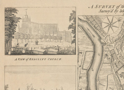 Ancienne carte de Bristol en 1750 par John Rocque - carte de Clifton, Kingsdown, Redcliffe, Cathedral City