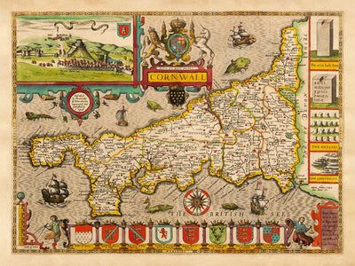 Ancienne carte de Cornwall en 1611 par John Speed ​​- Falmouth, Redruth, St Austell, Truro, Penzance