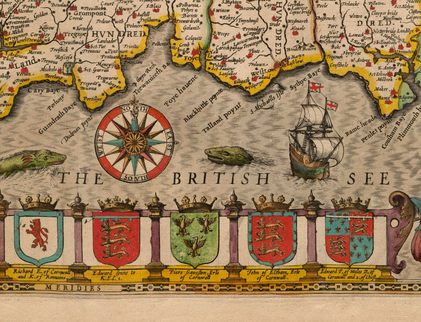 Viejo mapa de Cornwall en 1611 por John Speed ​​- Falmouth, Redruth, St Austell, Truro, Penzancia