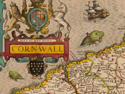 Viejo mapa de Cornwall en 1611 por John Speed ​​- Falmouth, Redruth, St Austell, Truro, Penzancia