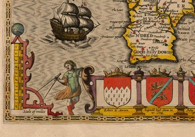 Ancienne carte de Cornwall en 1611 par John Speed ​​- Falmouth, Redruth, St Austell, Truro, Penzance