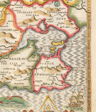 Ancienne carte de Dorset en 1611 par John Speed ​​- Poole, Weymouth, Dorchester, Bridport