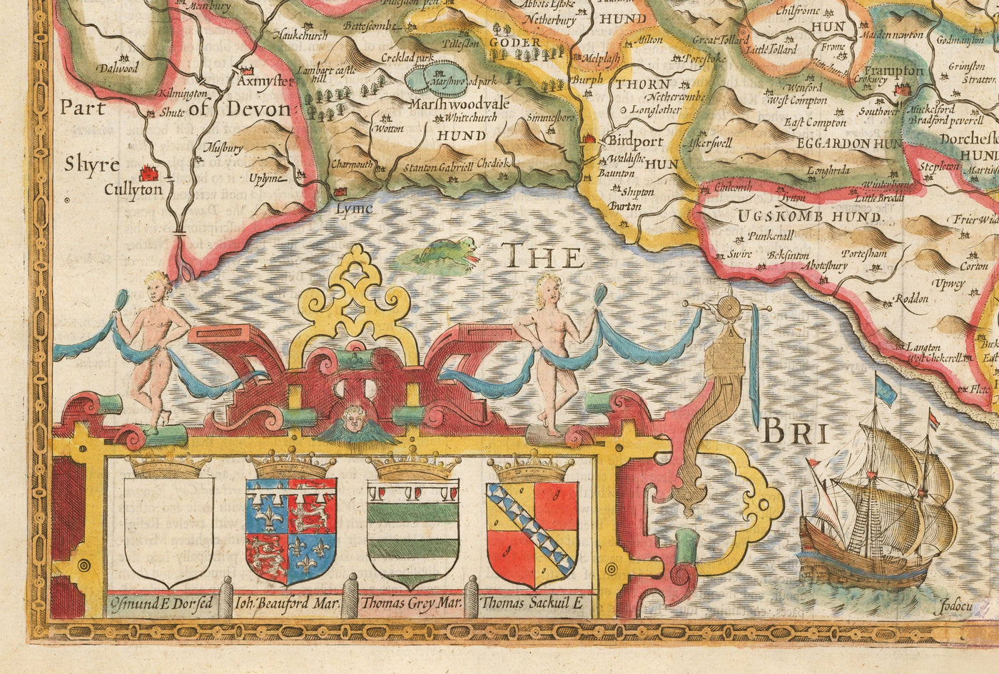 Viejo mapa de Dorset en 1611 por John Speed ​​- Poole, Weymouth, Dorchester, Bridport