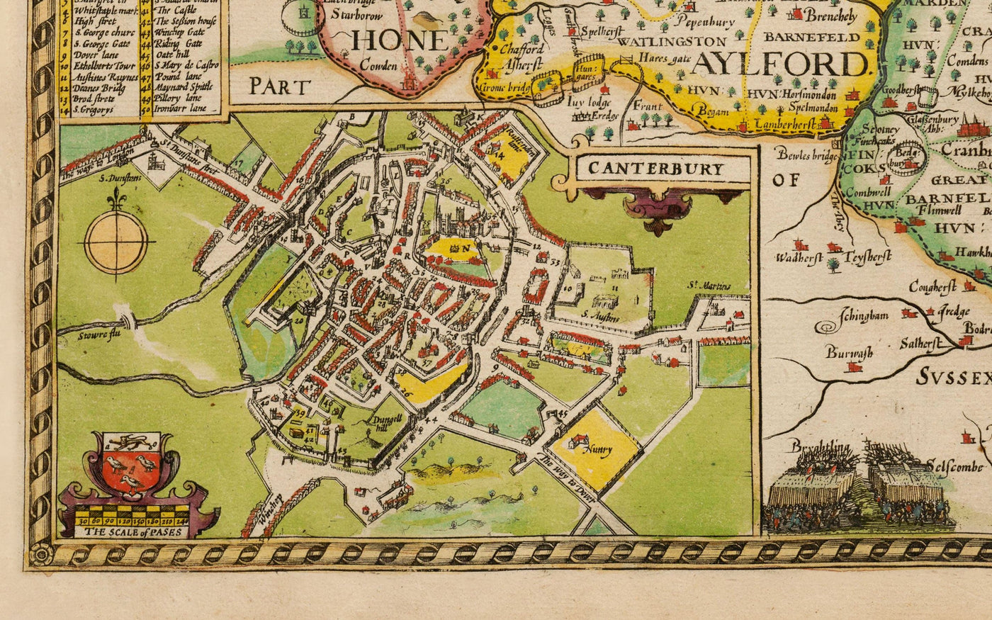 Ancienne carte de Kent en 1611 par John Speed ​​- Dartford, Maidstone, Bromley, Tunbridge, Gillingham, Chatham