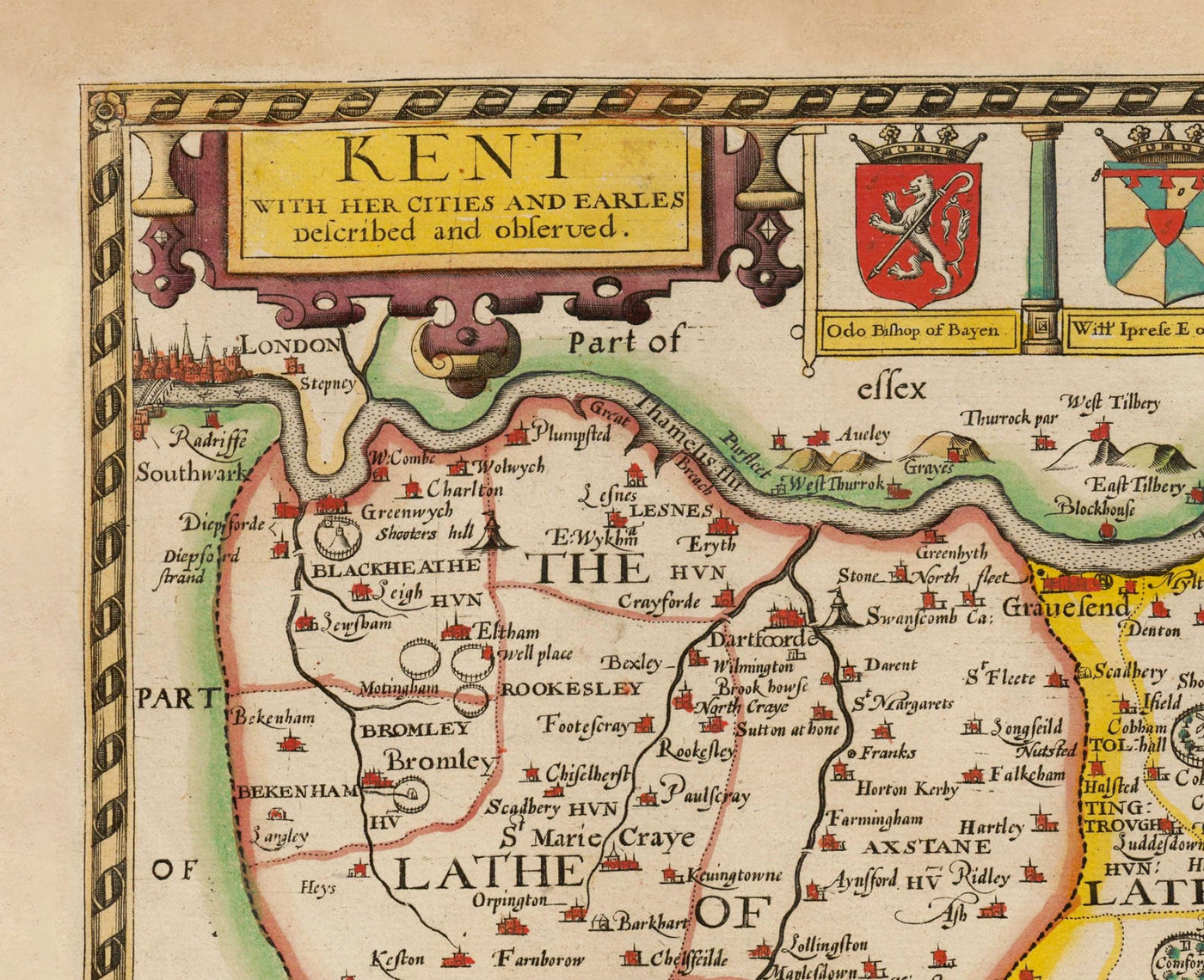 Alte Karte von Kent im Jahre 1611 von John Speed ​​- Dartford, Maidstone, Bromley, Tunbridge, Gillingham, Chatham