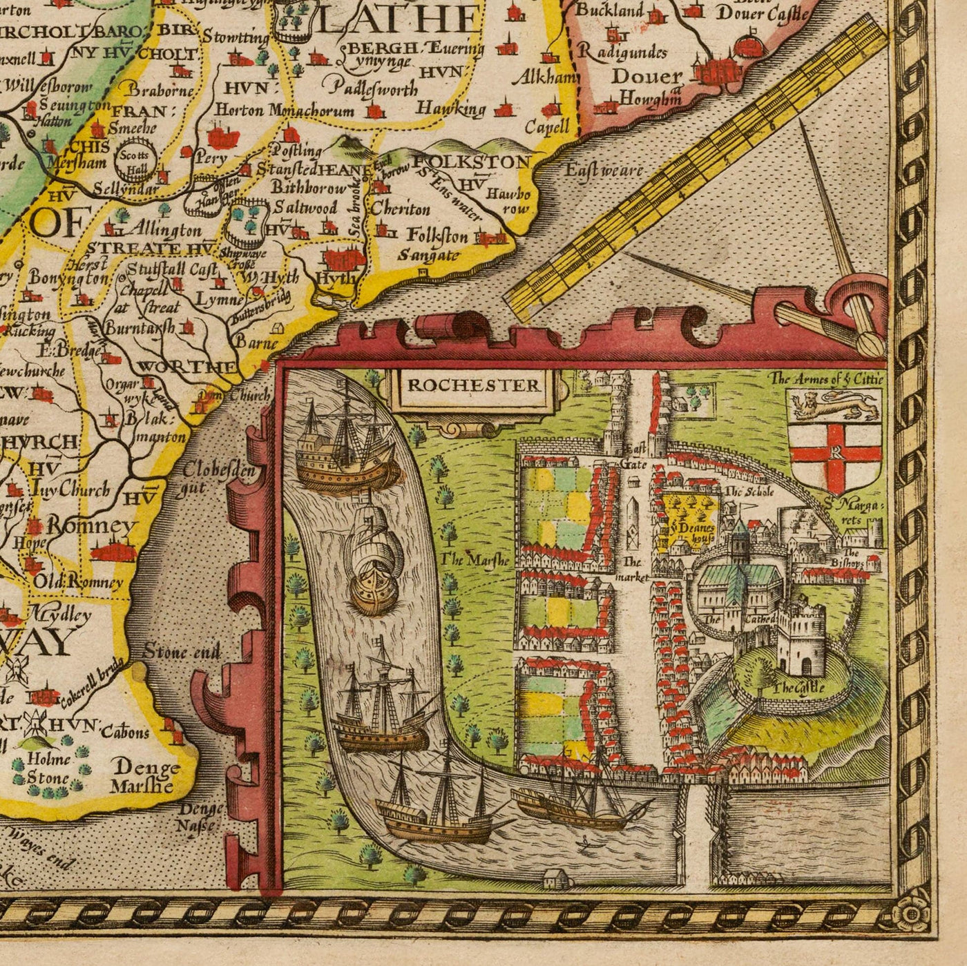 Alte Karte von Kent im Jahre 1611 von John Speed ​​- Dartford, Maidstone, Bromley, Tunbridge, Gillingham, Chatham