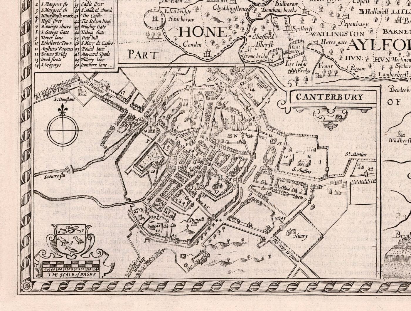 Ancienne carte de Kent, 1611 par John Speed ​​- Canterbury, Maidstone, Bromley, Tunbridge, Margate