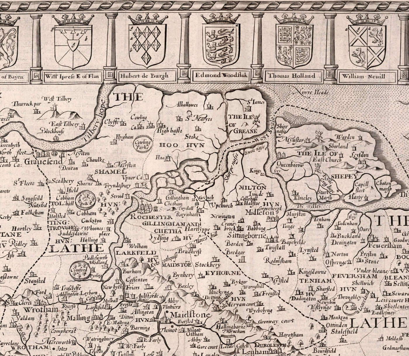 Mapa antiguo de Kent, 1611 de John Speed ​​- Canterbury, Maidstone, Bromley, Tunbridge, Margate
