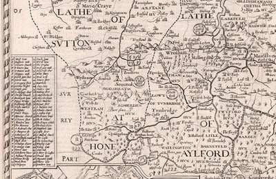 Mapa antiguo de Kent, 1611 de John Speed ​​- Canterbury, Maidstone, Bromley, Tunbridge, Margate