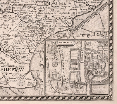 Ancienne carte de Kent, 1611 par John Speed ​​- Canterbury, Maidstone, Bromley, Tunbridge, Margate