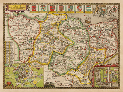 Ancienne carte de Kent en 1611 par John Speed ​​- Dartford, Maidstone, Bromley, Tunbridge, Gillingham, Chatham