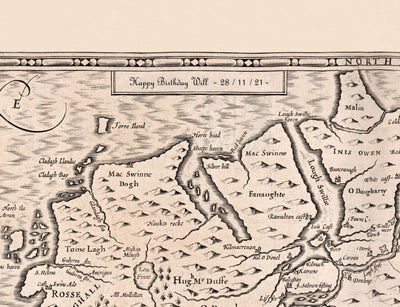 Viejo mapa monocromo de Anglesey, Gales, 1611 de John Speed ​​- Holyhead, Llanfairpwllgwyngyll, Bangor