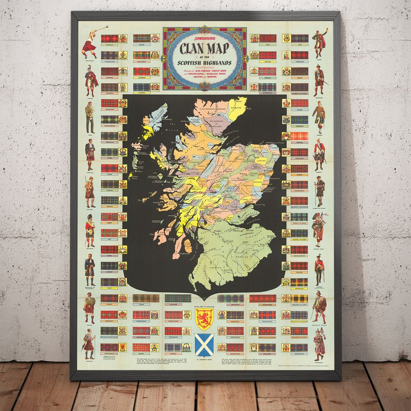 Ancienne carte de l'Ecosse Clans et Tartans - Tableau écossais de Johnston's Highlands & Basslands