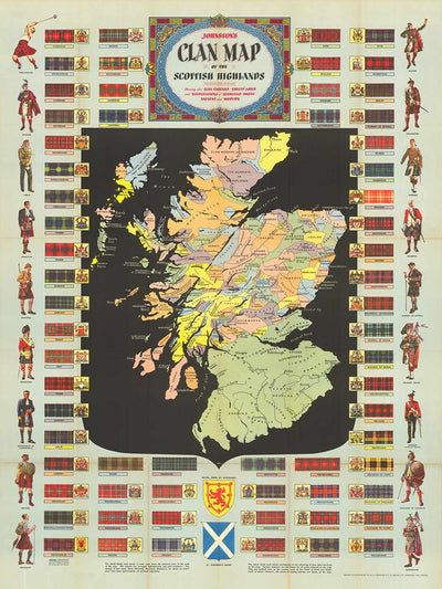 Alte Karte von Schottland Clans und Tartans - Johnston's Highlands & Tieflands-Schottisches Diagramm