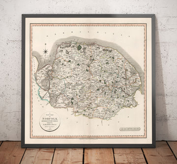 Ancienne carte du Norfolk en 1807 par John Cary - Norwich, Cromer, Great Yarmouth, Thetford, King&