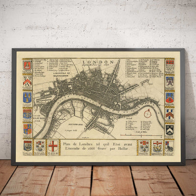 Alte Karte von vor dem großen Brand von London, 1667 von Blome - Westminster Abbey, Scotland Yard, Charring Cross, London Bridge